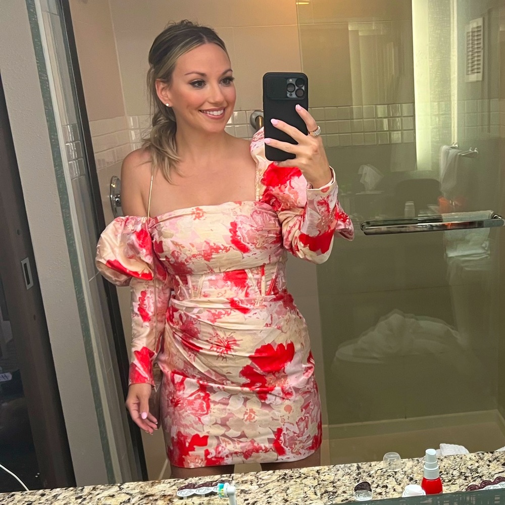 One shoulder pink and red floral embroidery cocktail dress